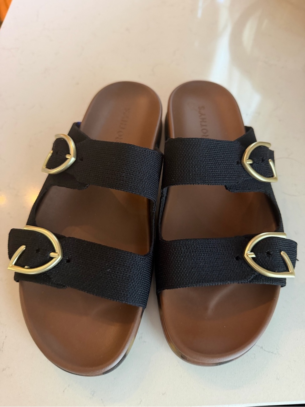 Rothy's Black Double-Strap Slide Sandals with Gold Buckles